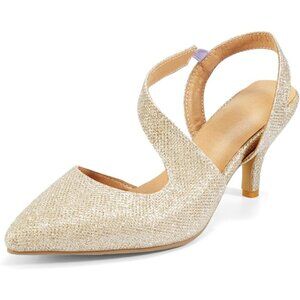 🆕Rhinestone Gold Kitten Low Heel Sparkly Pumps Wedding Dressy Shoes for Women